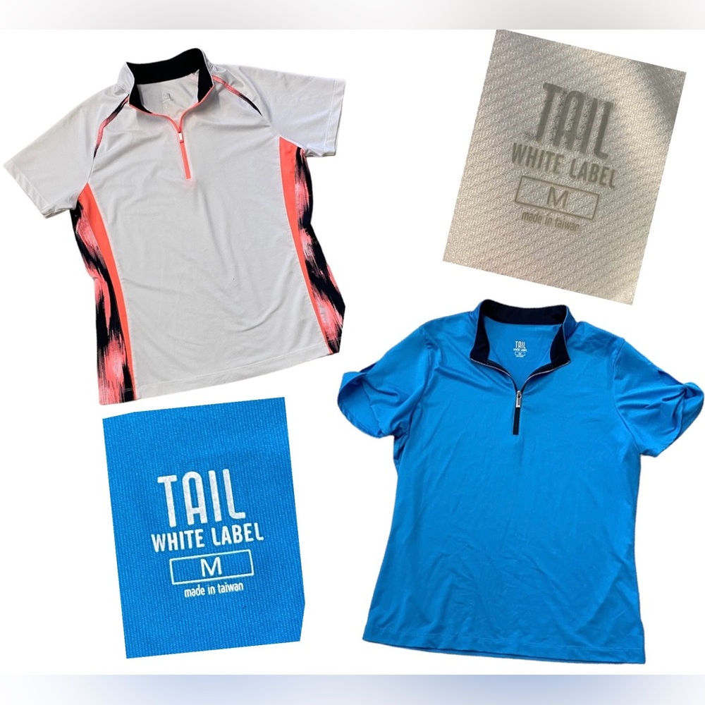 (2) Athletic Activewear‎ Tail White Golf Tennis Shirt Blue Coral Abstract Medium